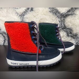 Tory Sport Leather Shearling Boots in Navy/Red - Size 5M